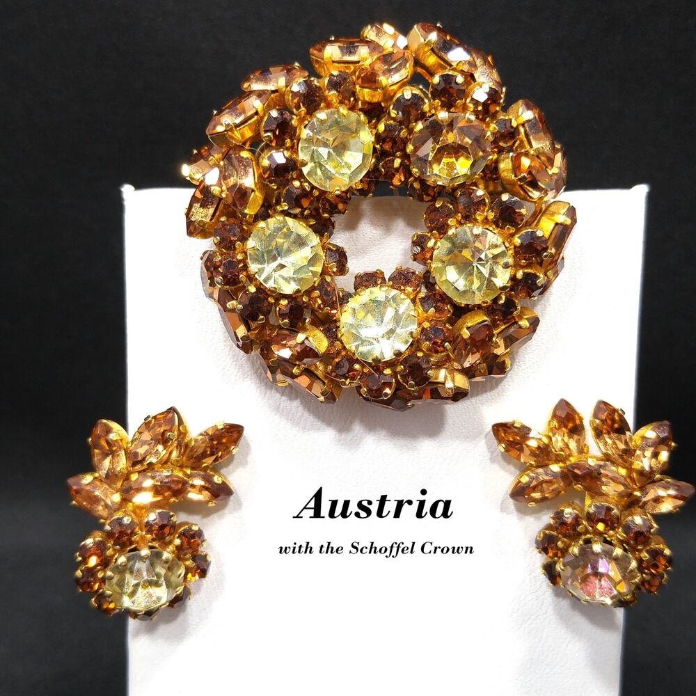 Schoffel Austria Topaz Jonquil Rhinestone Brooch & Earrings